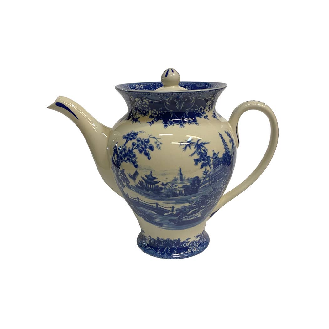Pagoda Blue Porcelain Tea Set w/ Tray