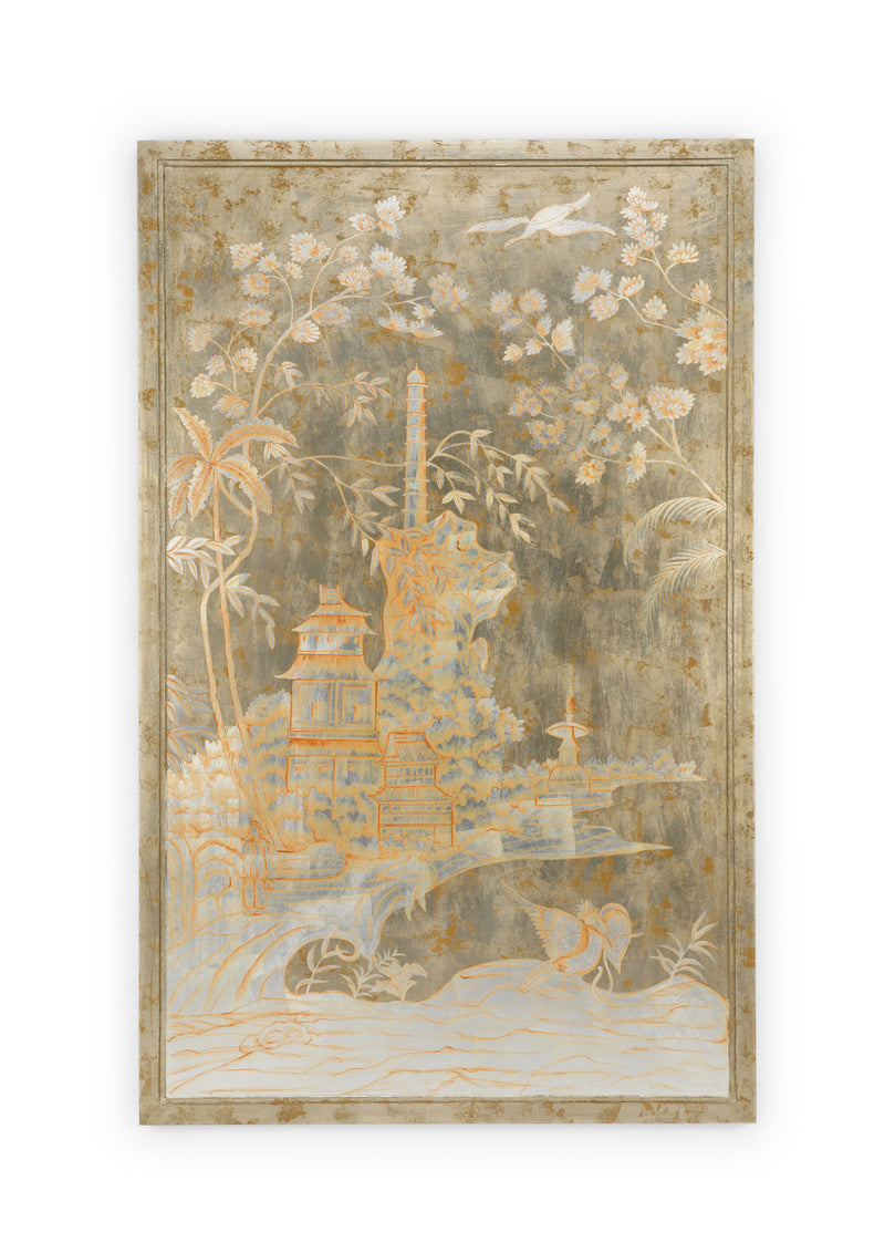 Hand Painted Silver Leaf Wood Panel with Gold Chinoiserie Design – Left Panel