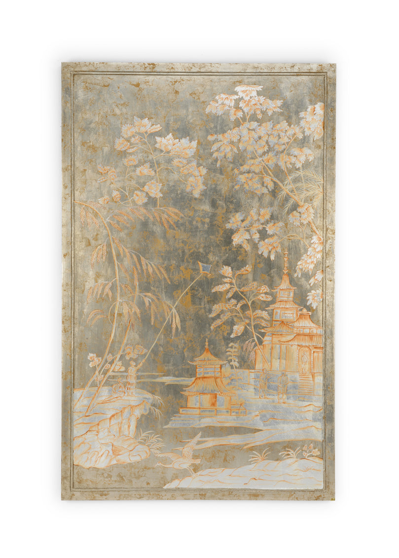 Hand Painted Silver Leaf Wood Panel with Gold Chinoiserie Design – Right Panel