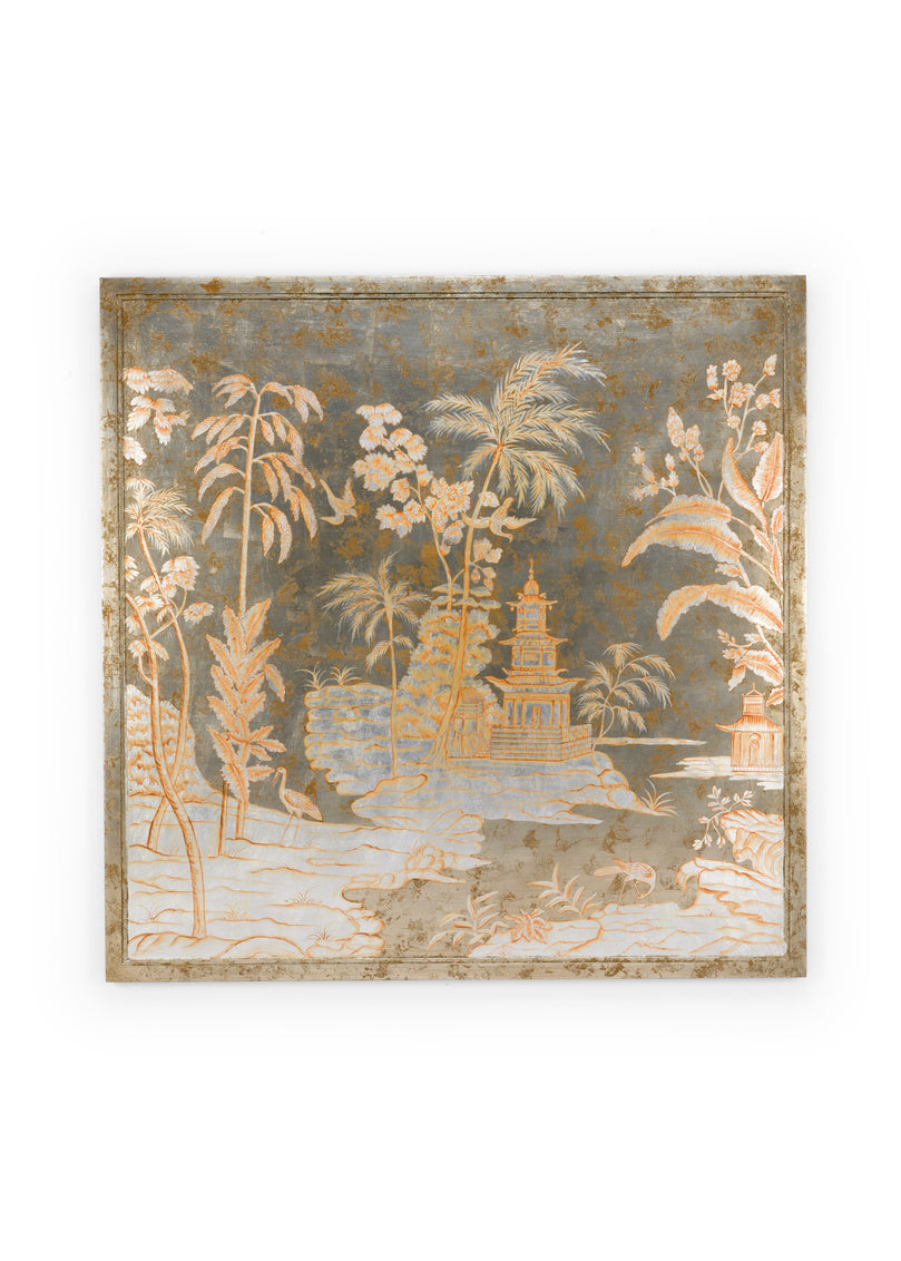 Hand Painted Silver Leaf Wood Panel with Gold Chinoiserie Design – Center Panel