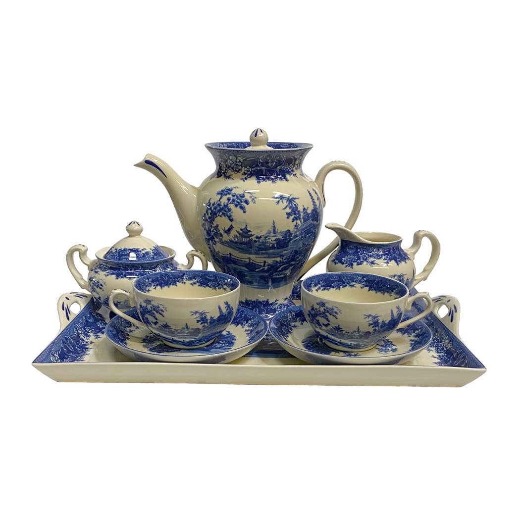 Pagoda Blue Porcelain Tea Set w/ Tray