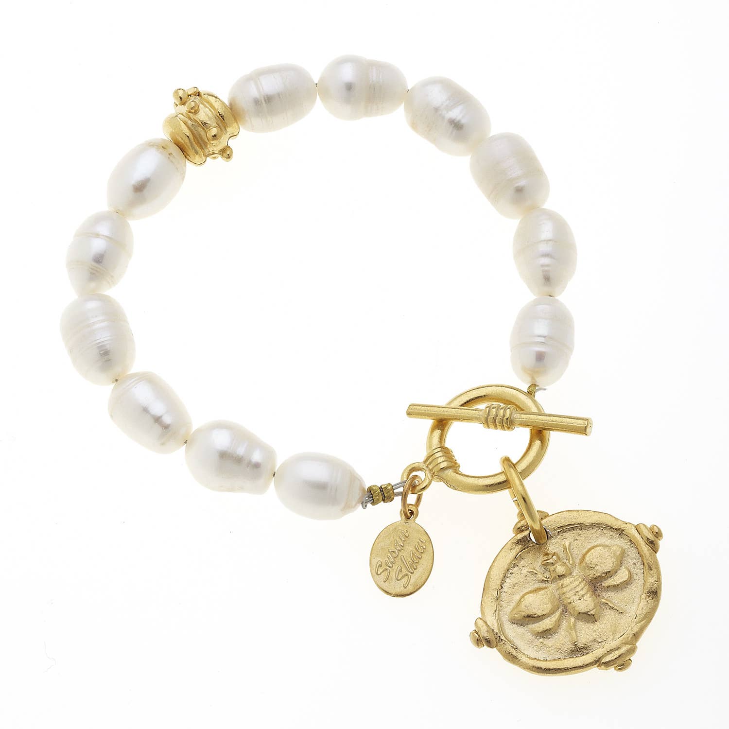 Gold Bee Charm on Genuine Freshwater Pearl Bracelet