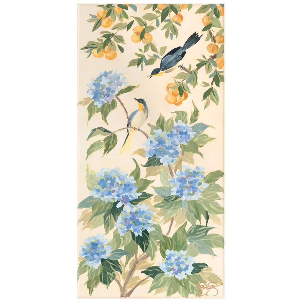 Anne: A Chinoiserie Fine Art Print with Oranges, Hydrangeas & Bird (Various Sizes)
