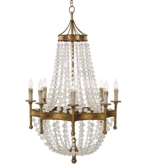 Antique Gold Chandelier with Frosted Crystal Beads & Eight Candlestick Lights