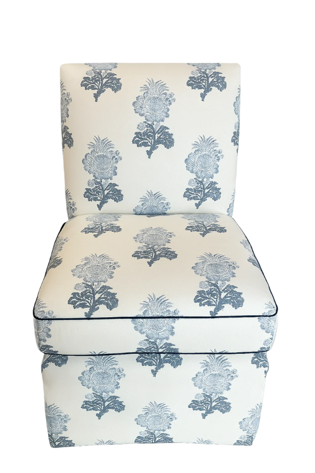 Custom Skirted Swivel Slipper Chair in Blue and White Floral Fabric