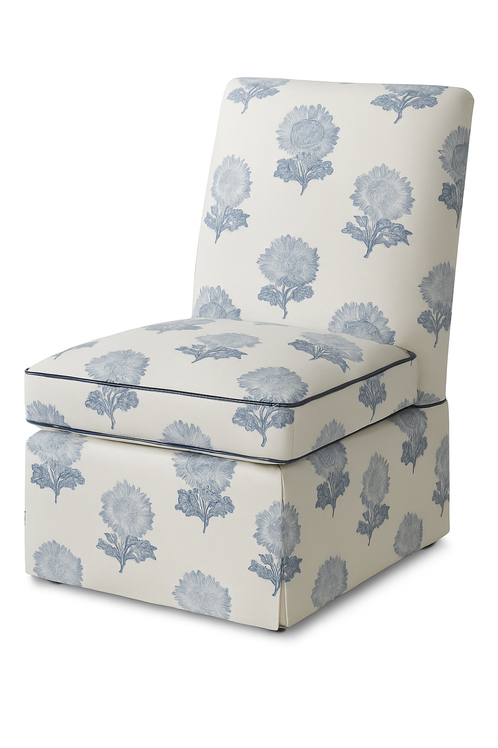 Custom Skirted Swivel Slipper Chair in Blue and White Floral Fabric