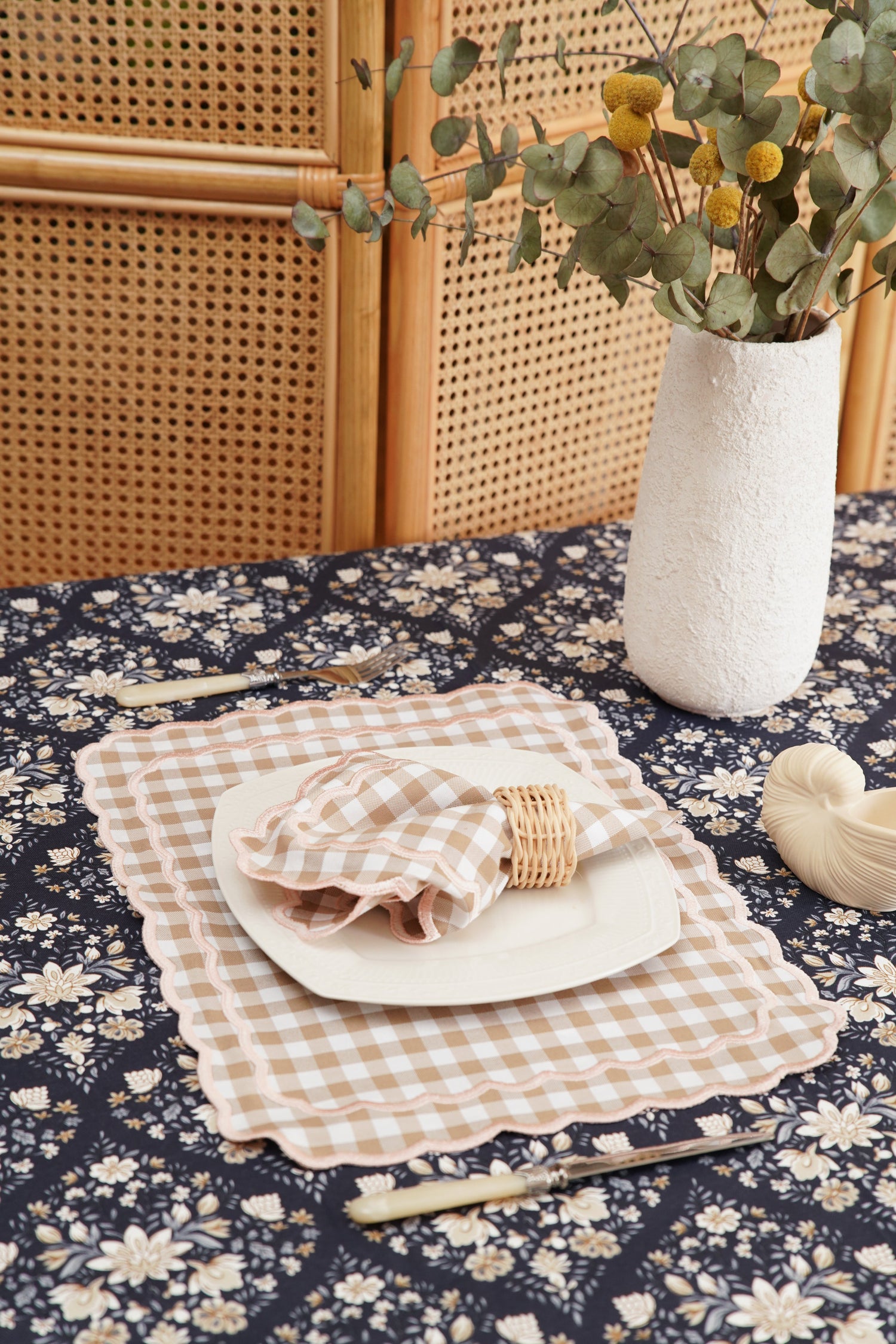 Sage Gingham Beige Fabric Placemat & Napkin Set