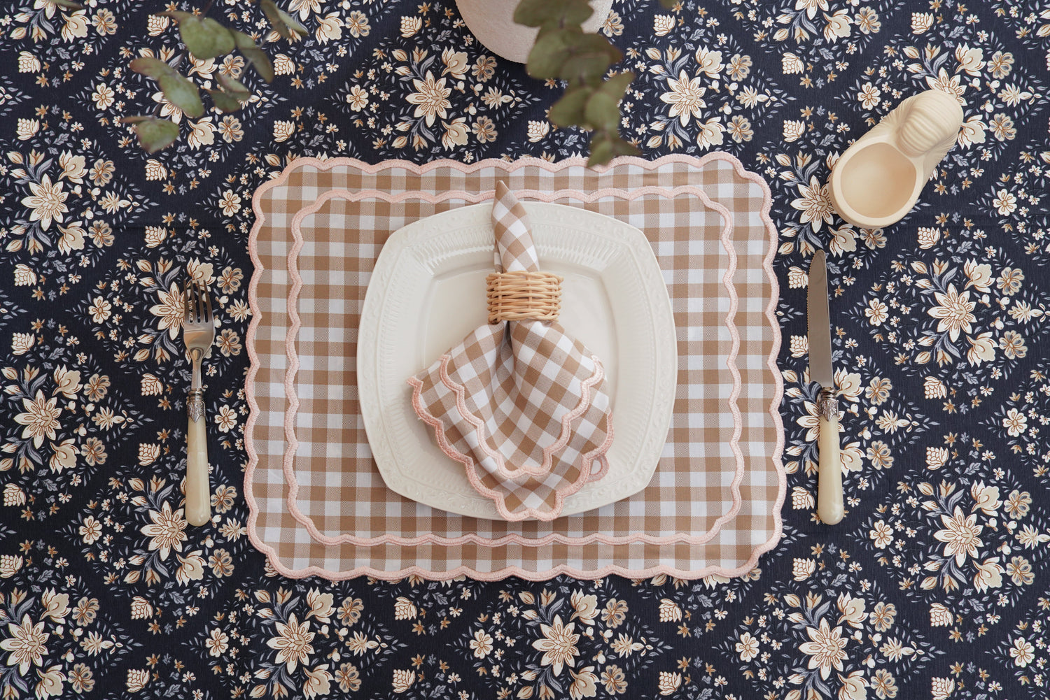 Sage Gingham Beige Fabric Placemat & Napkin Set
