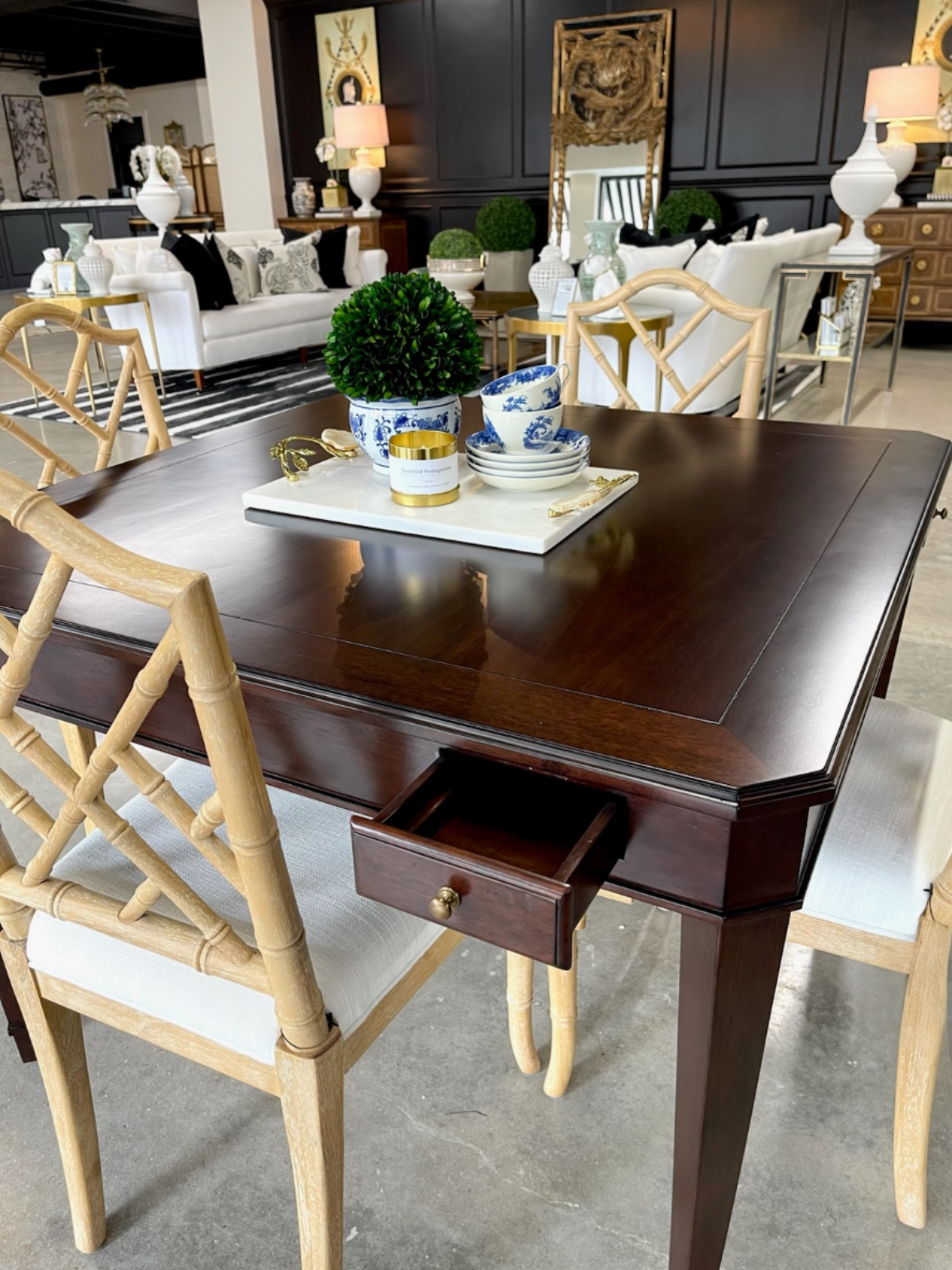 Square Mahogany Game Table with Corner Drawers and Sliding Drink Holders