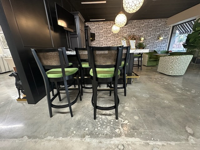 NH Palm Collection Black Green Performance Fabric Bar Stool with Cane Back w/ Brass Kickplate