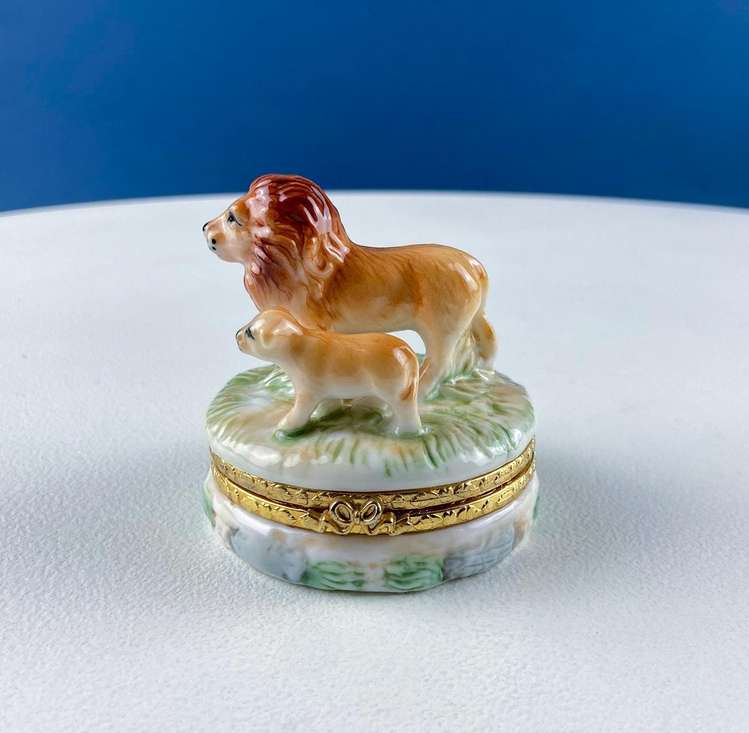 Vintage Lefton Porcelain Miniature Box – Lion & Cub Brass Trinket Box