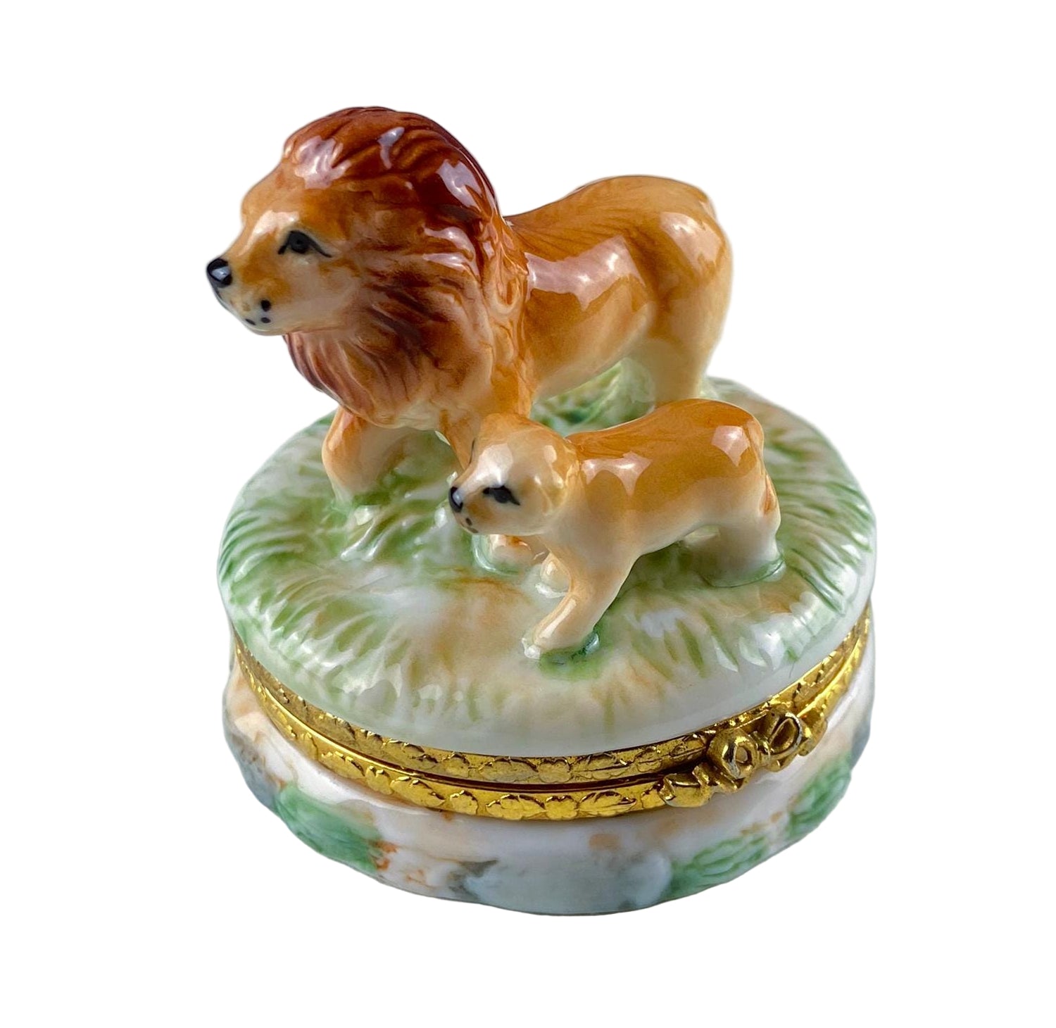 Vintage Lefton Porcelain Miniature Box – Lion & Cub Brass Trinket Box