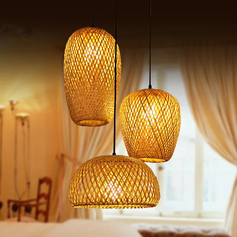 Bamboo Rattan LED Pendant Lamp Handwoven Natural Design (Various Styles, Colors and Sizes)