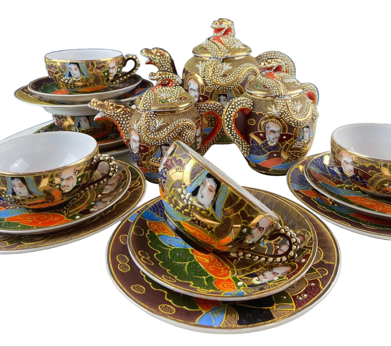 Vintage Satsuma Moriage Dragon Tea Set – 4 Cups & Saucers with 3D Gold Dragons