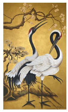 Hand Painted Chinoiserie Grus Japanese in Gold Leaf on Canvas I