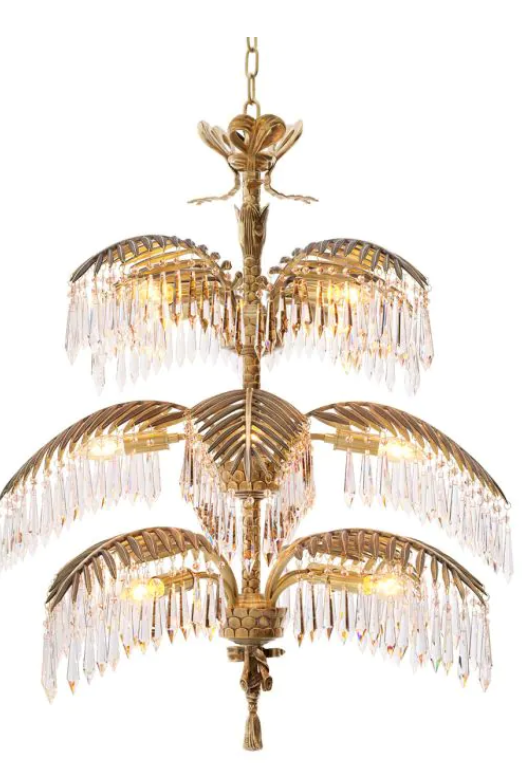 Palm Leaf Chandelier with Cascading Crystal Droplets & Vintage Brass Finish