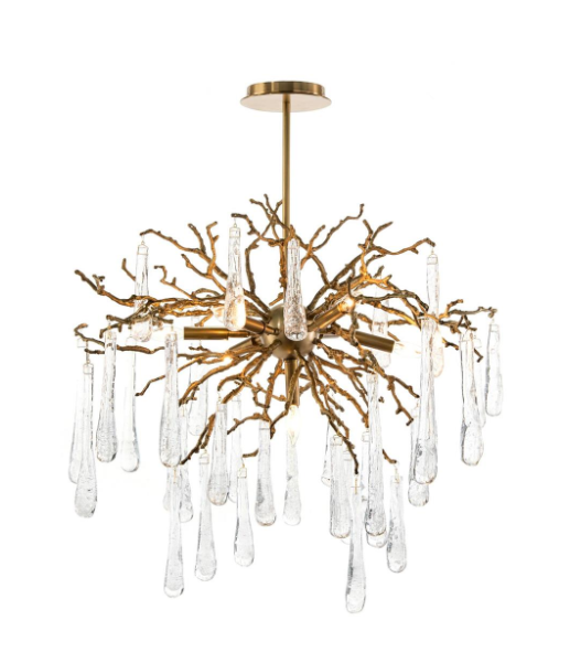 Organic Brass Branch Chandelier with Handblown Glass Teardrops – 7-Light Fixture