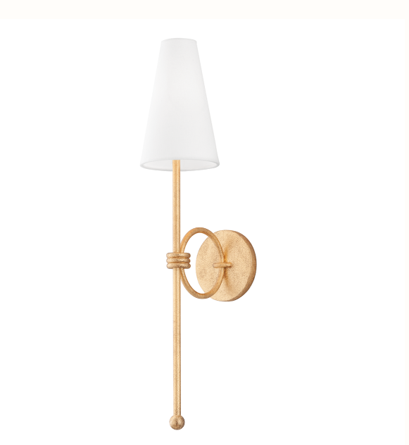 Wall Sconce in Vintage Gold Leaf with White Linen Tapered Shade