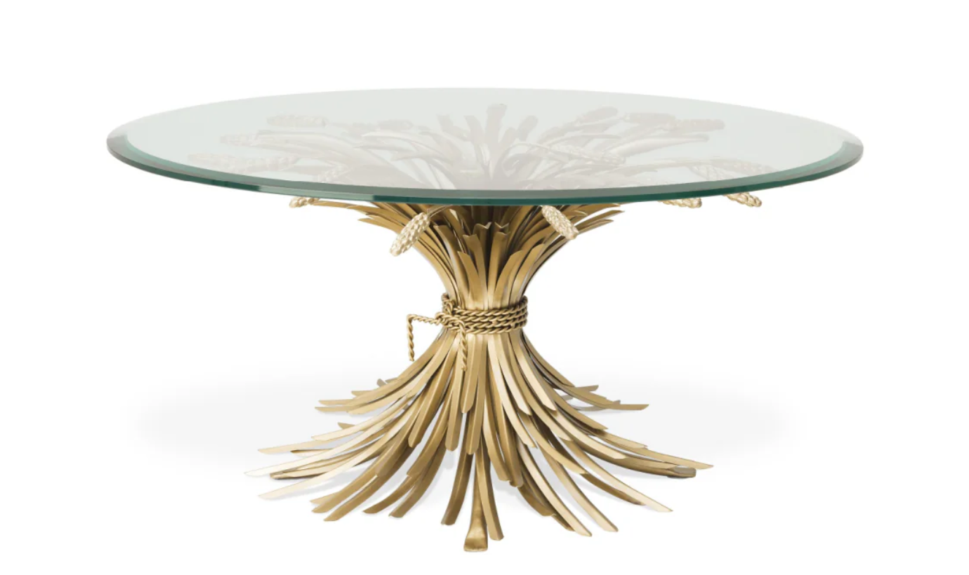 Bonheur Round Cocktail Table with Sheaf-Shaped Brass Base & Beveled Glass Top