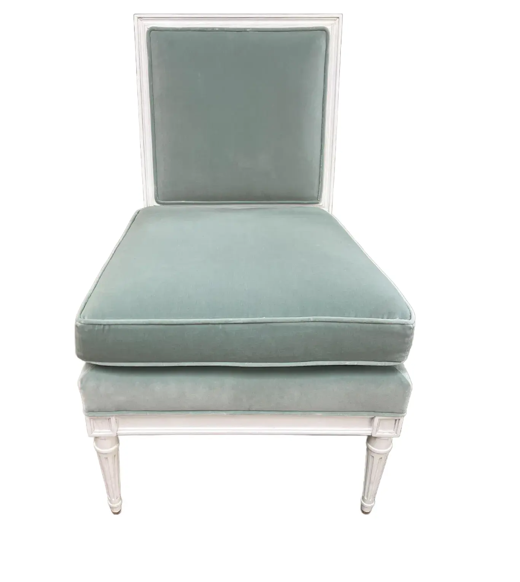 Custom Carved Oak Slipper Chair in French Blue Performance Velvet