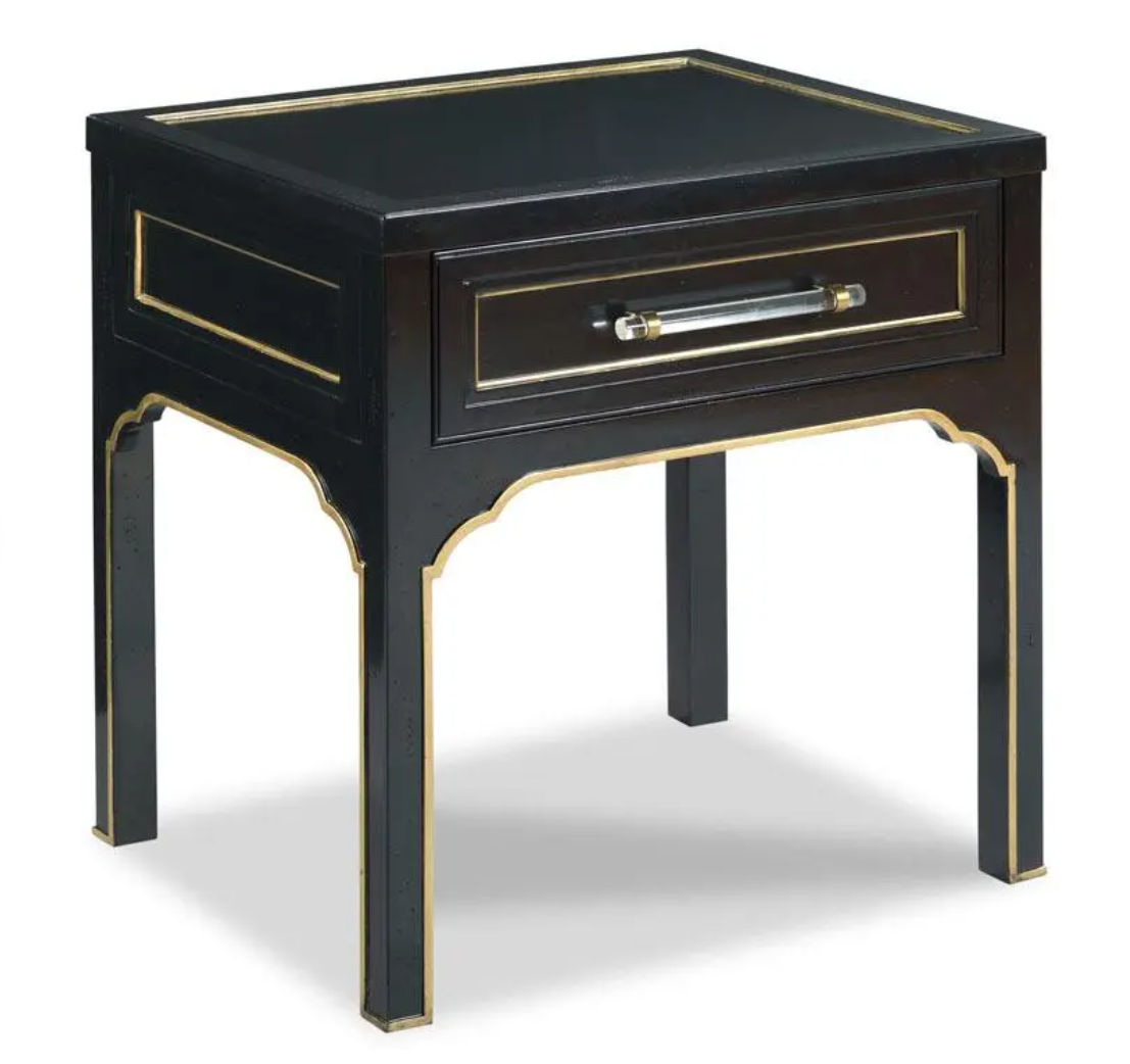 Square Side Table in Ebony Finish with Gold Striping and Acrylic Hardware