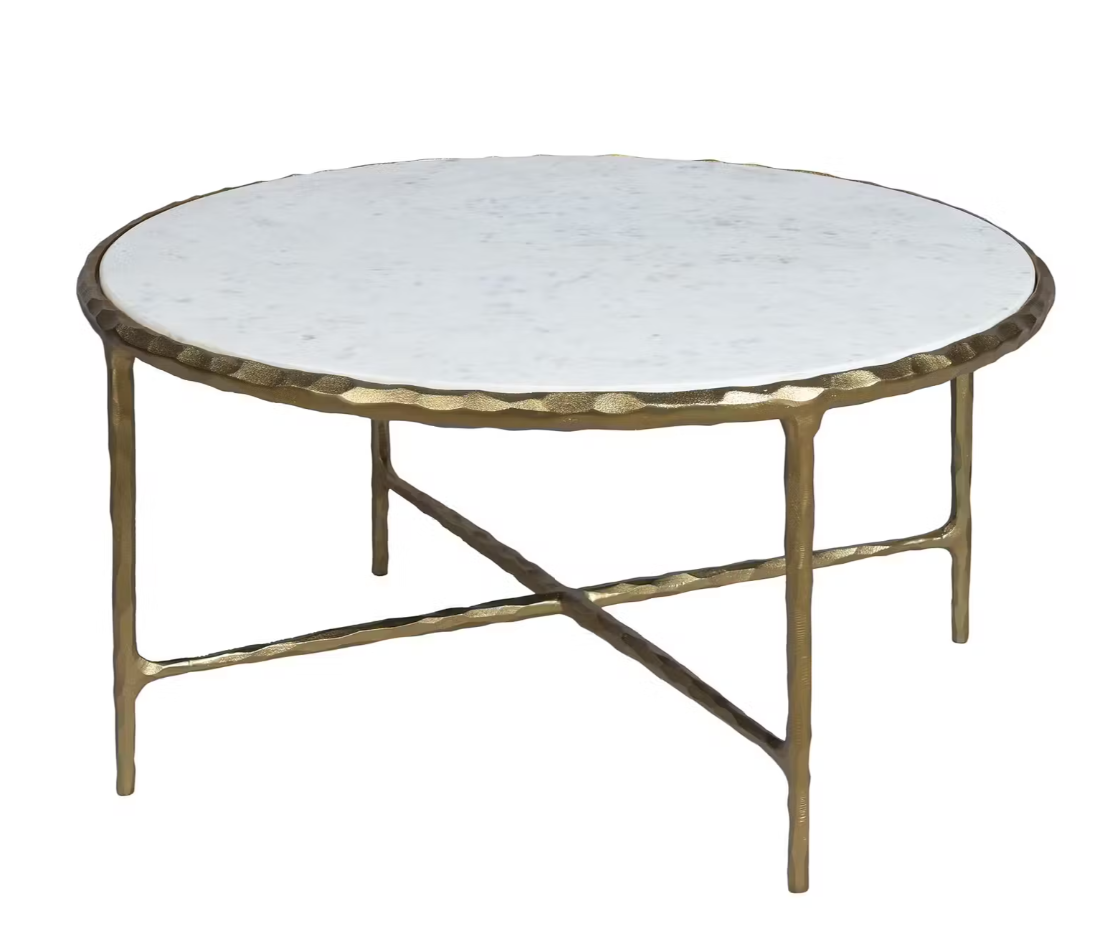 Round Marble Cocktail Table with Hammered Gold Leaf Base