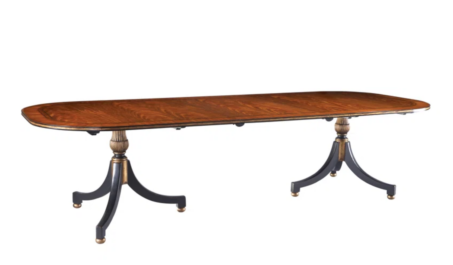 Double Pedestal Swirl Mahogany Dining Table with Ebony & Boxwood Banded Top