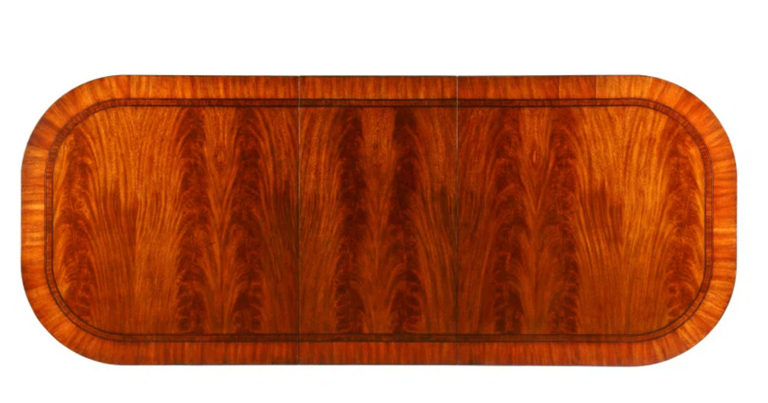 Double Pedestal Swirl Mahogany Dining Table with Ebony & Boxwood Banded Top