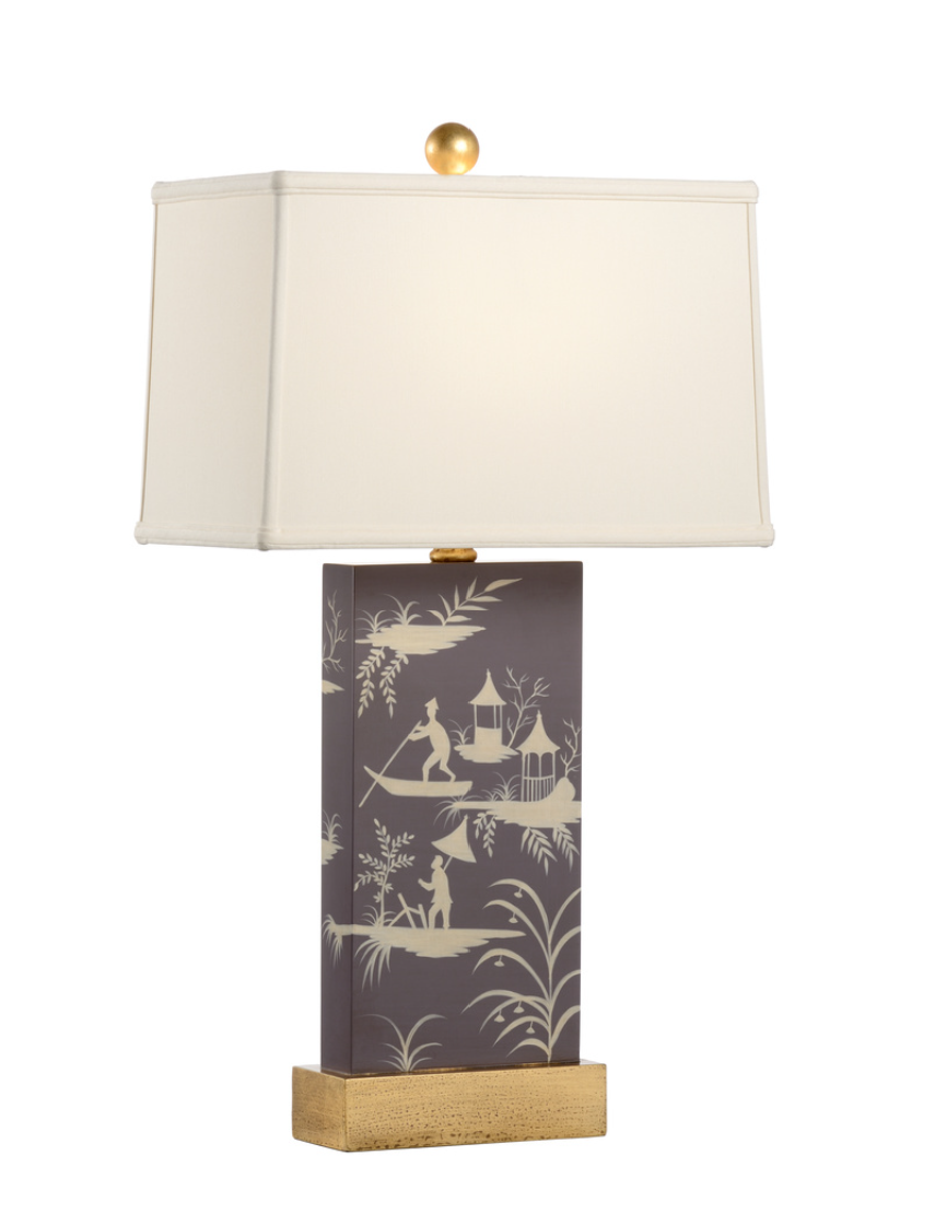 Plum Lacquered Table Lamp with Hand-Painted Cream Chinoiserie Design