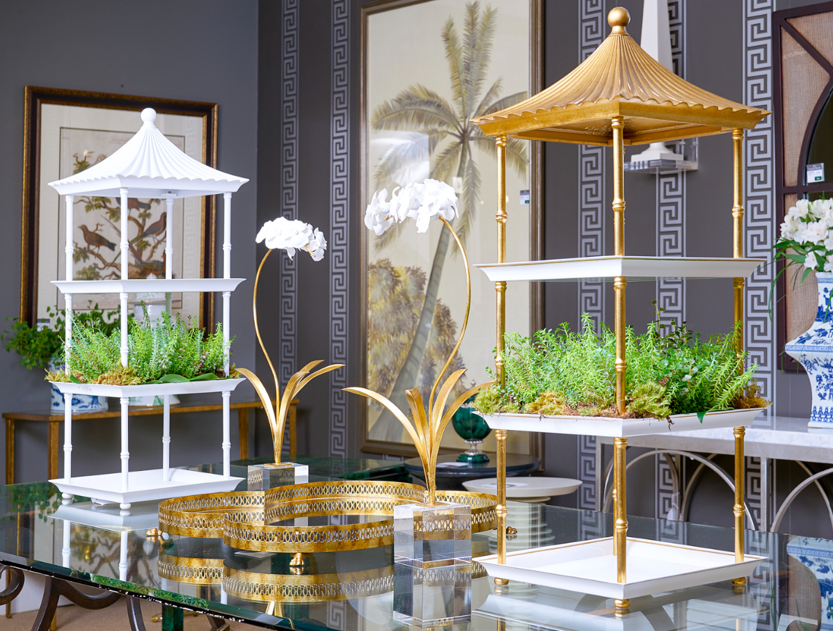 Gold and White Pagoda Table Shelf Etagere
