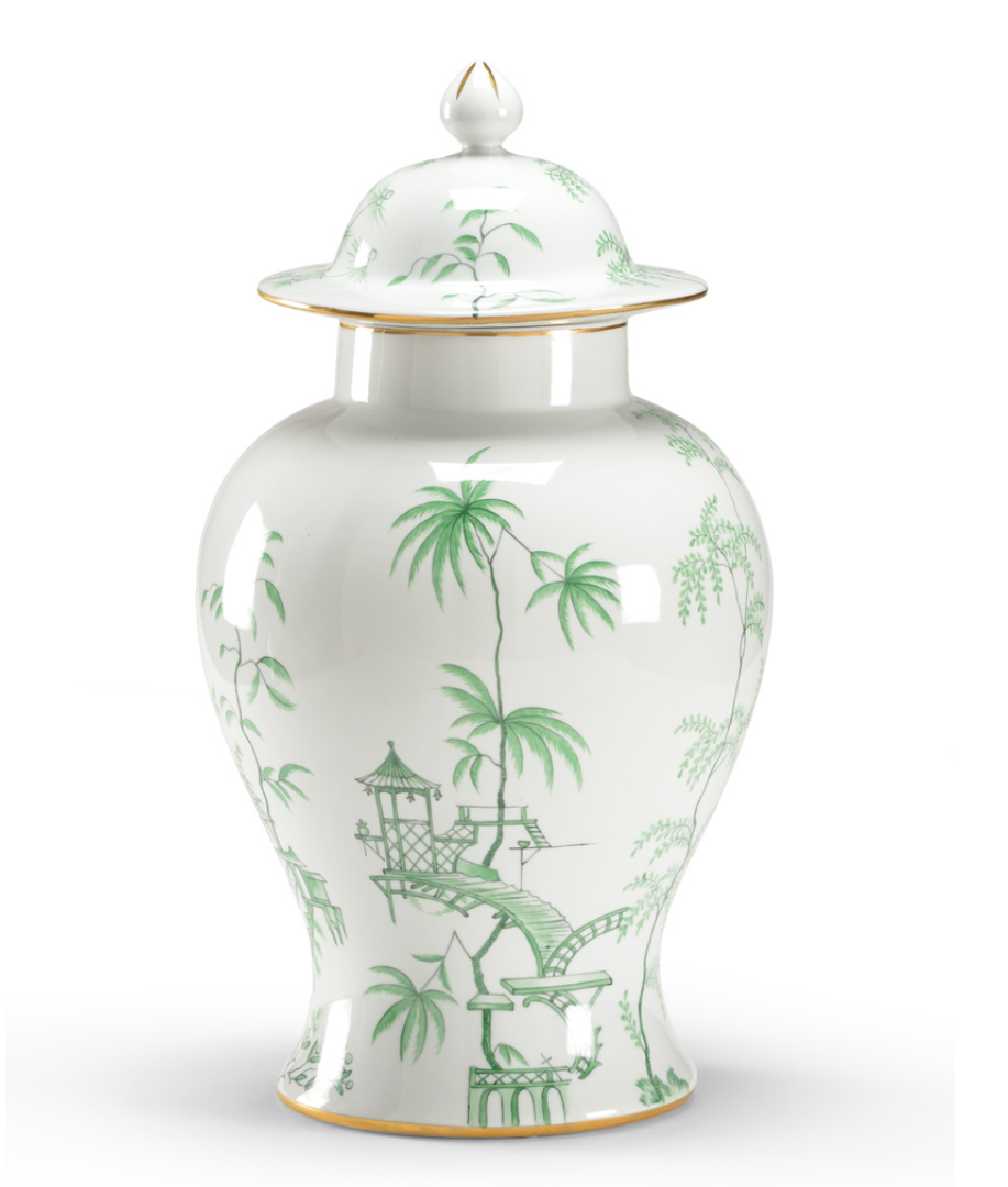 Extra Large Green Chinoiserie Porcelain Jar with Lid and Gold Trim