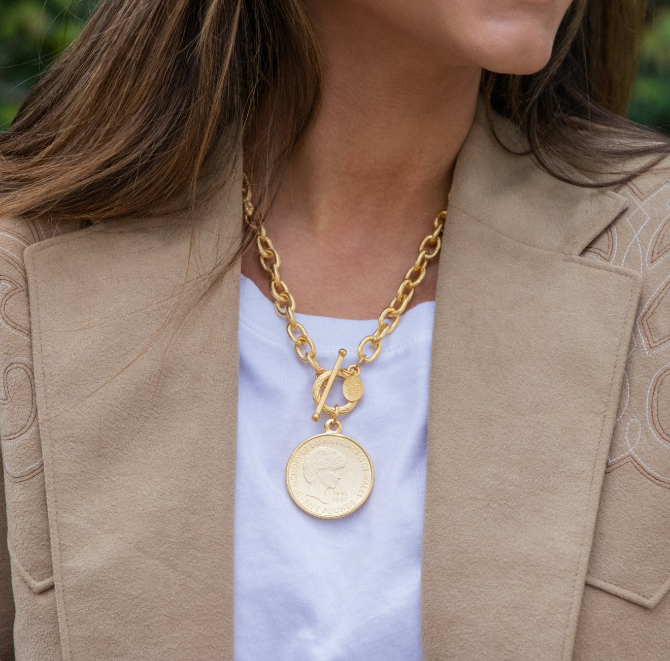Princess Diana Coin on Gold Front Toggle Necklace
