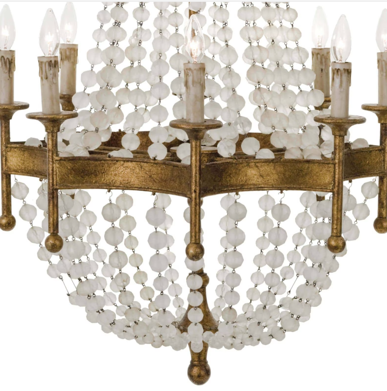 Antique Gold Chandelier with Frosted Crystal Beads & Eight Candlestick Lights