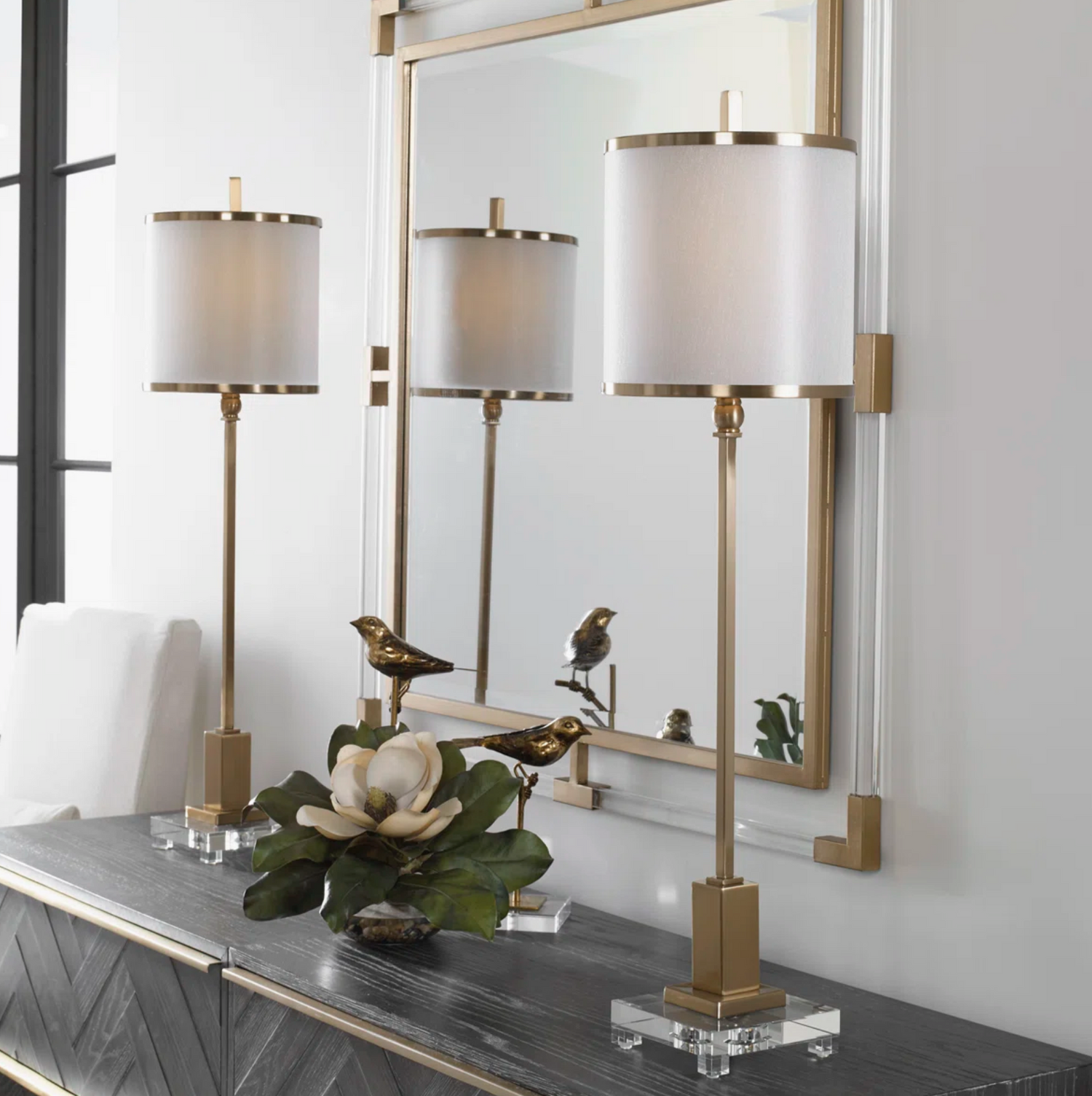 Brushed Brass & Crystal Table Lamp with Champagne Double Shade