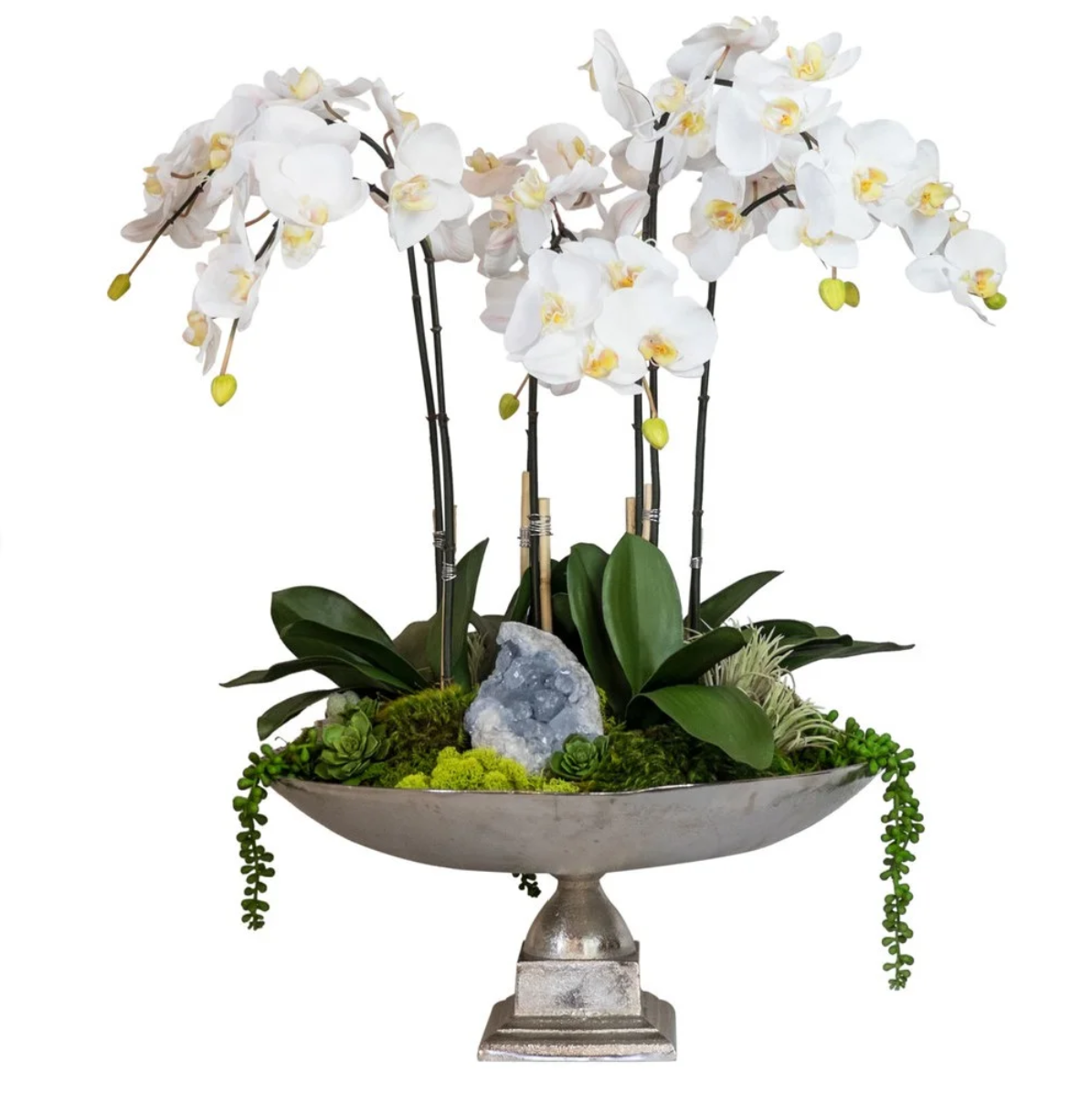 Cascading White Orchid Arrangement in Silver Urn with Blue Celestite Accent