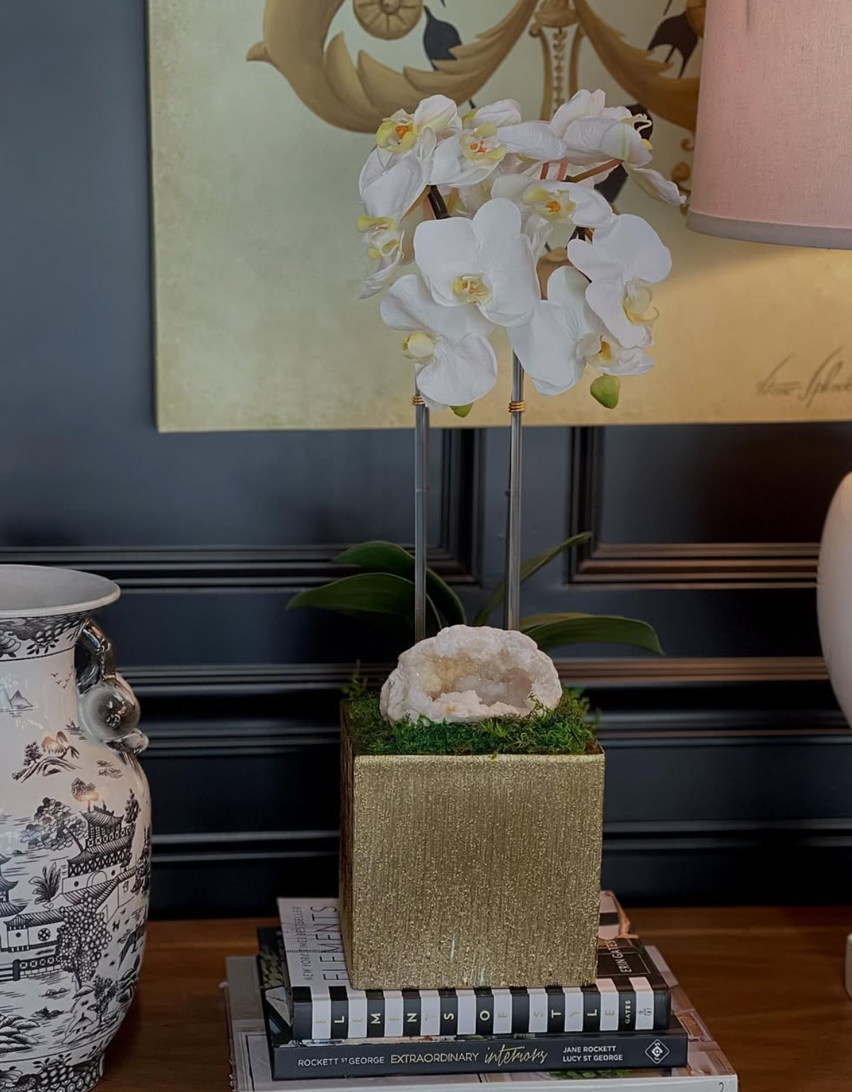 White Orchid and Geode Arrangement in Gold Cube