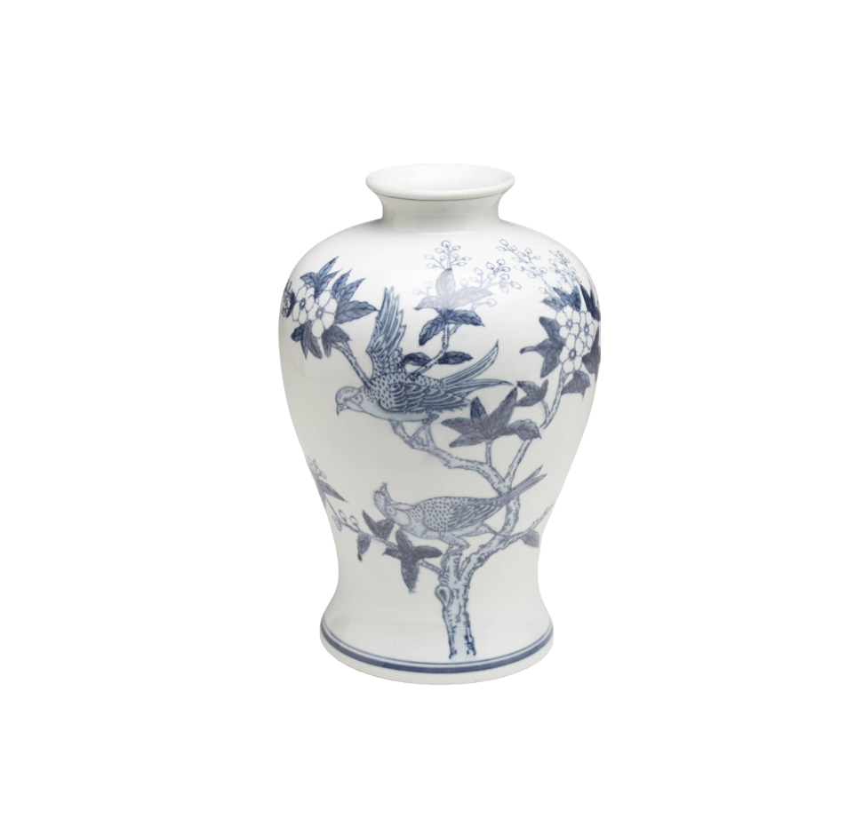 Blue and White Bird and Floral Vase