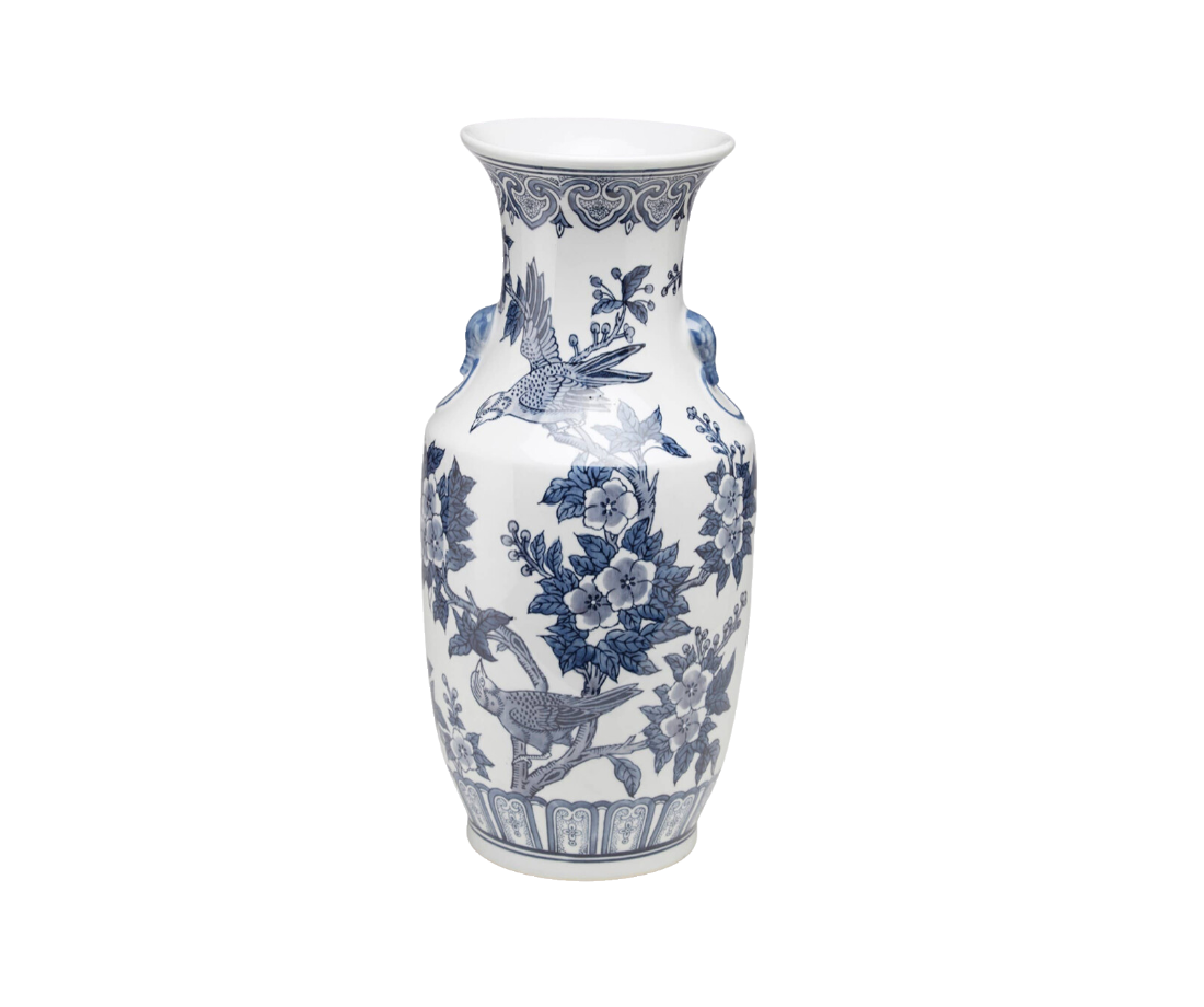 Blue and White Bird and Floral Vase