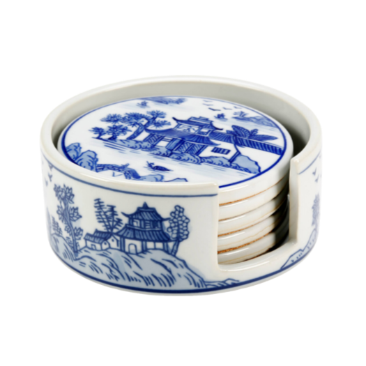 Chinoiserie Pagoda Porcelain Coaster Set with Holder – Set of 5