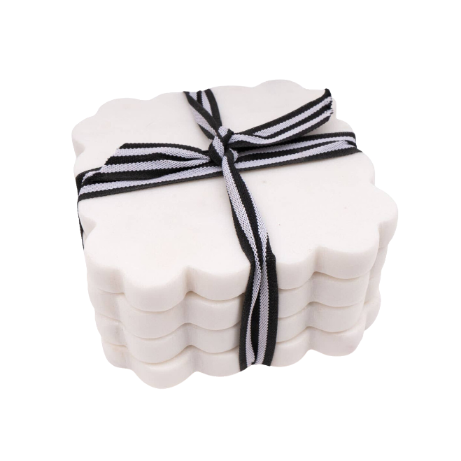 White Marble Scalloped Coaster Set – Set of Four