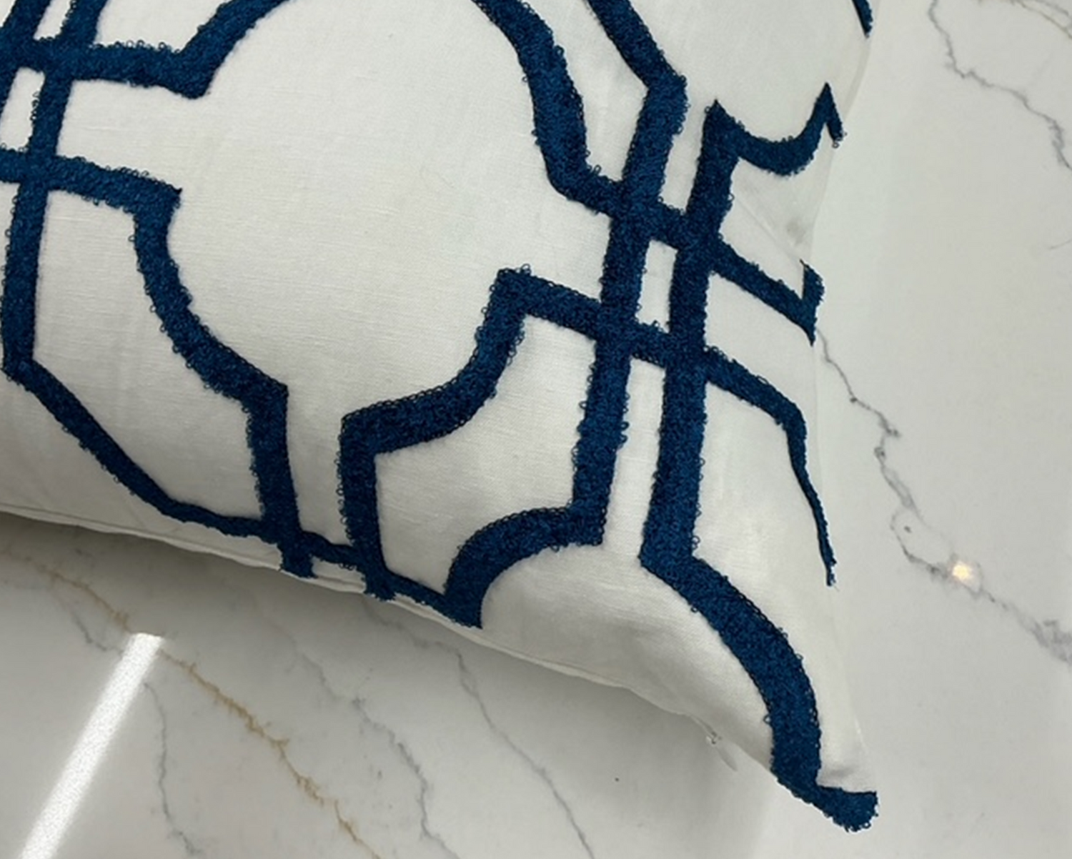 Blue and White Crewel Embroidered Cotton Pillow  22" x 22"