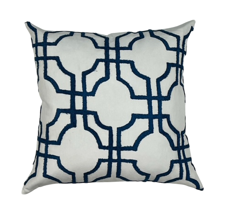Blue and White Crewel Embroidered Cotton Pillow  22" x 22"