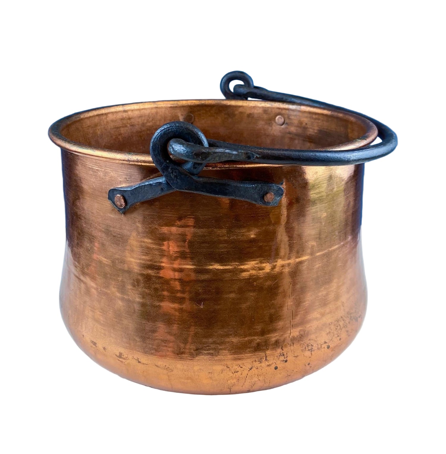 Vintage Hand-Hammered Copper Cauldron with Wrought Iron Handle – Large Rustic Home Decor Bucket