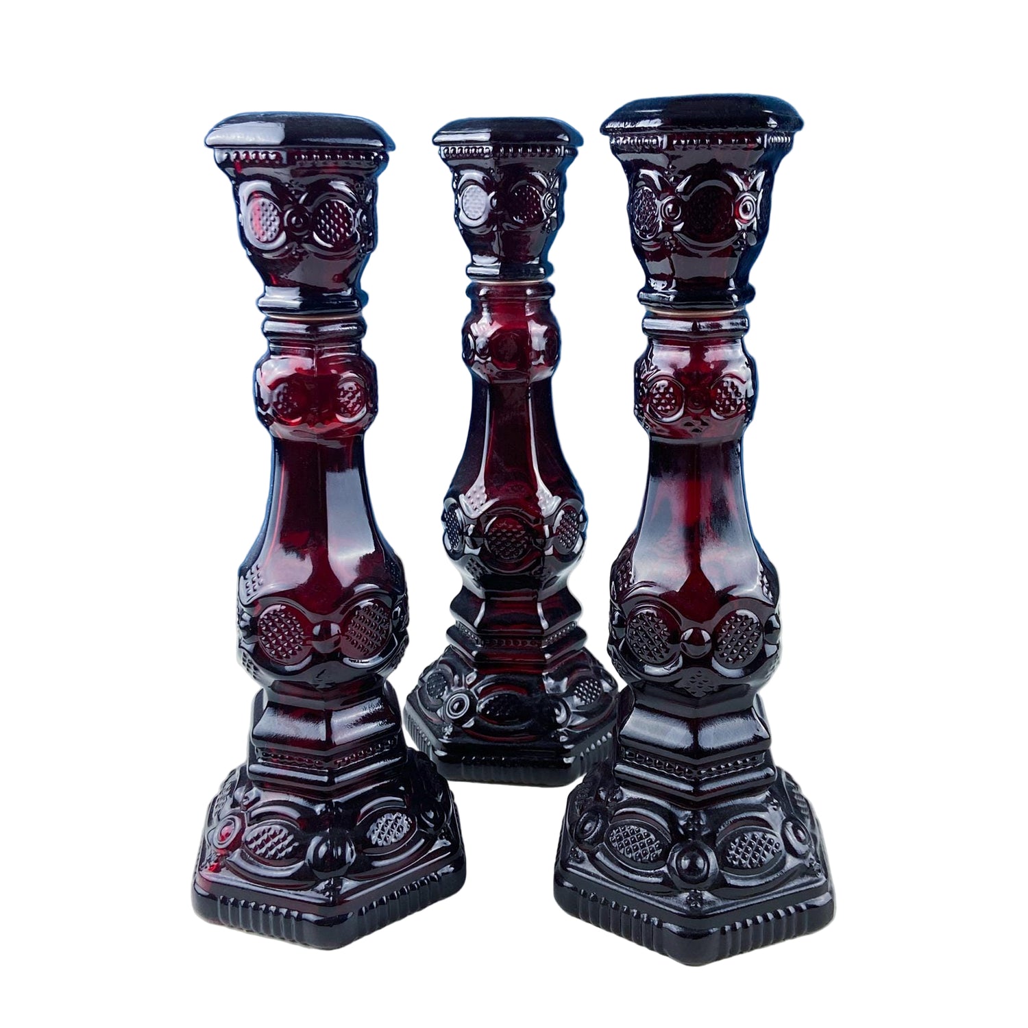 Vintage Avon Cape Cod Ruby Red Glass Candle Holders – Set of 3 Roman Rosette Pattern