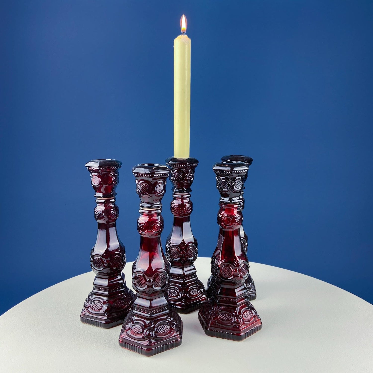 Vintage Avon Cape Cod Ruby Red Glass Candle Holders – Set of 3 Roman Rosette Pattern