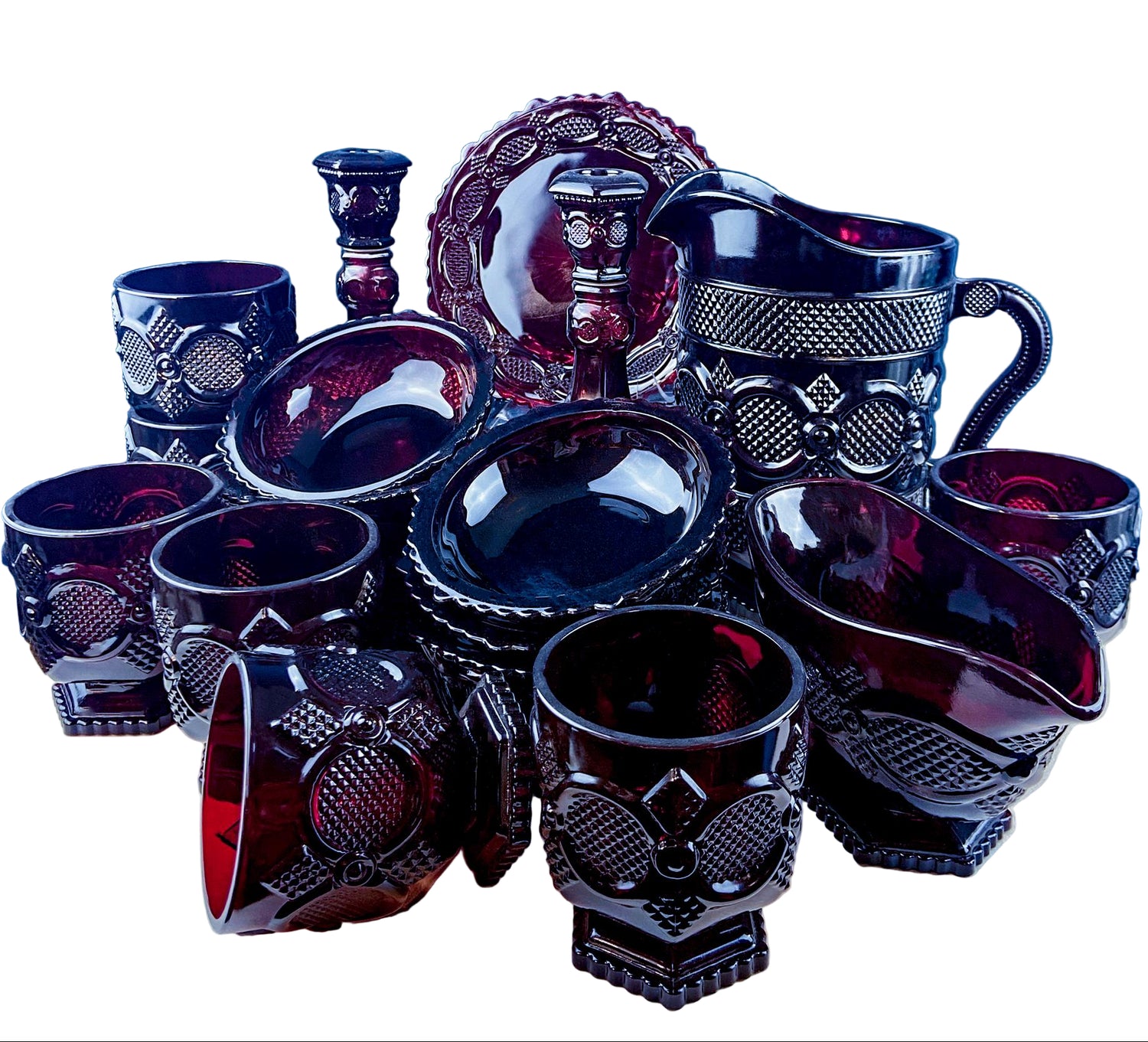 Vintage Avon Cape Cod Ruby Red Glass Dessert Set – 25 Piece Roman Rosette Pattern