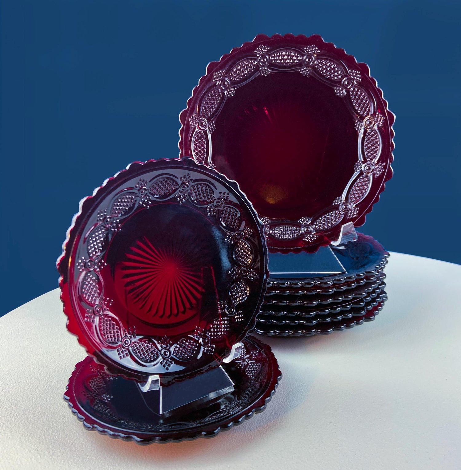 Vintage Avon Cape Cod Ruby Red Glass Dessert Set – 25 Piece Roman Rosette Pattern