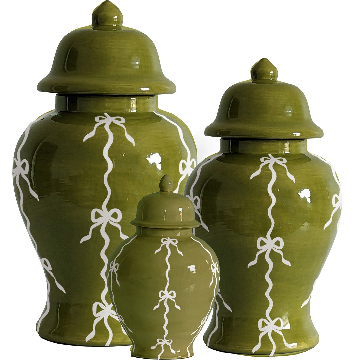 Bow Stripe Ginger Jars in Moss Green (Various Sizes)