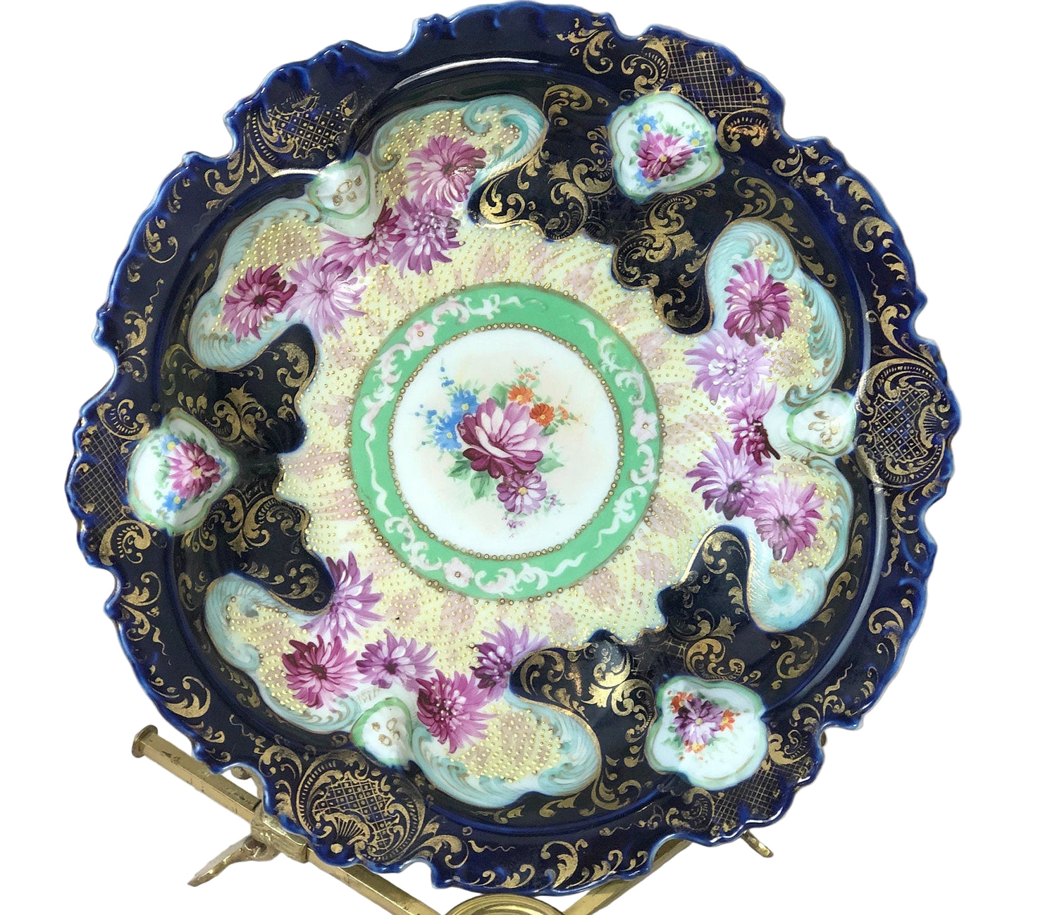 Antique Hand Decorated Bowl with Stand – Scalloped Rim & 22K Gold Detailing