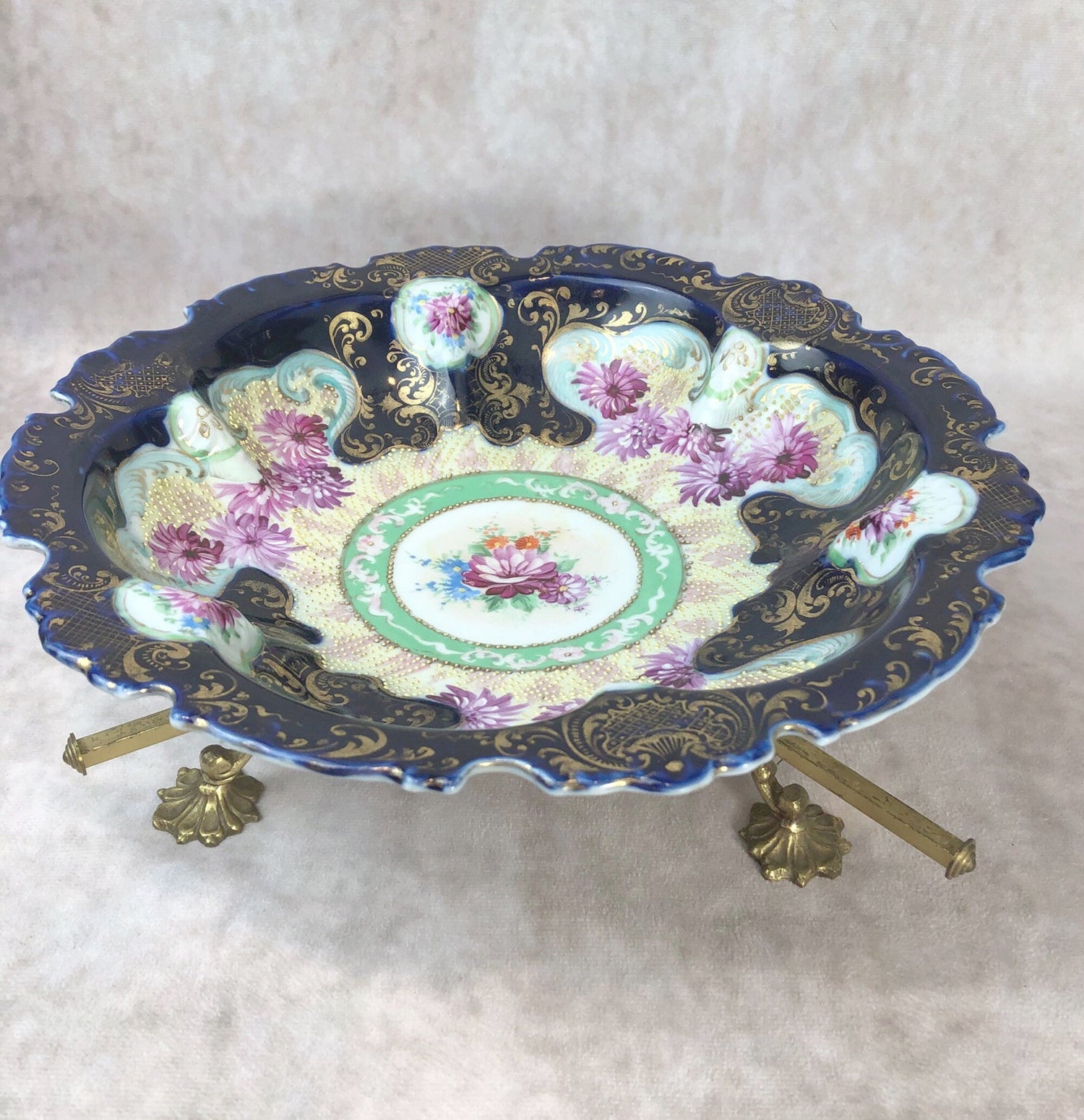 Antique Hand Decorated Bowl with Stand – Scalloped Rim & 22K Gold Detailing